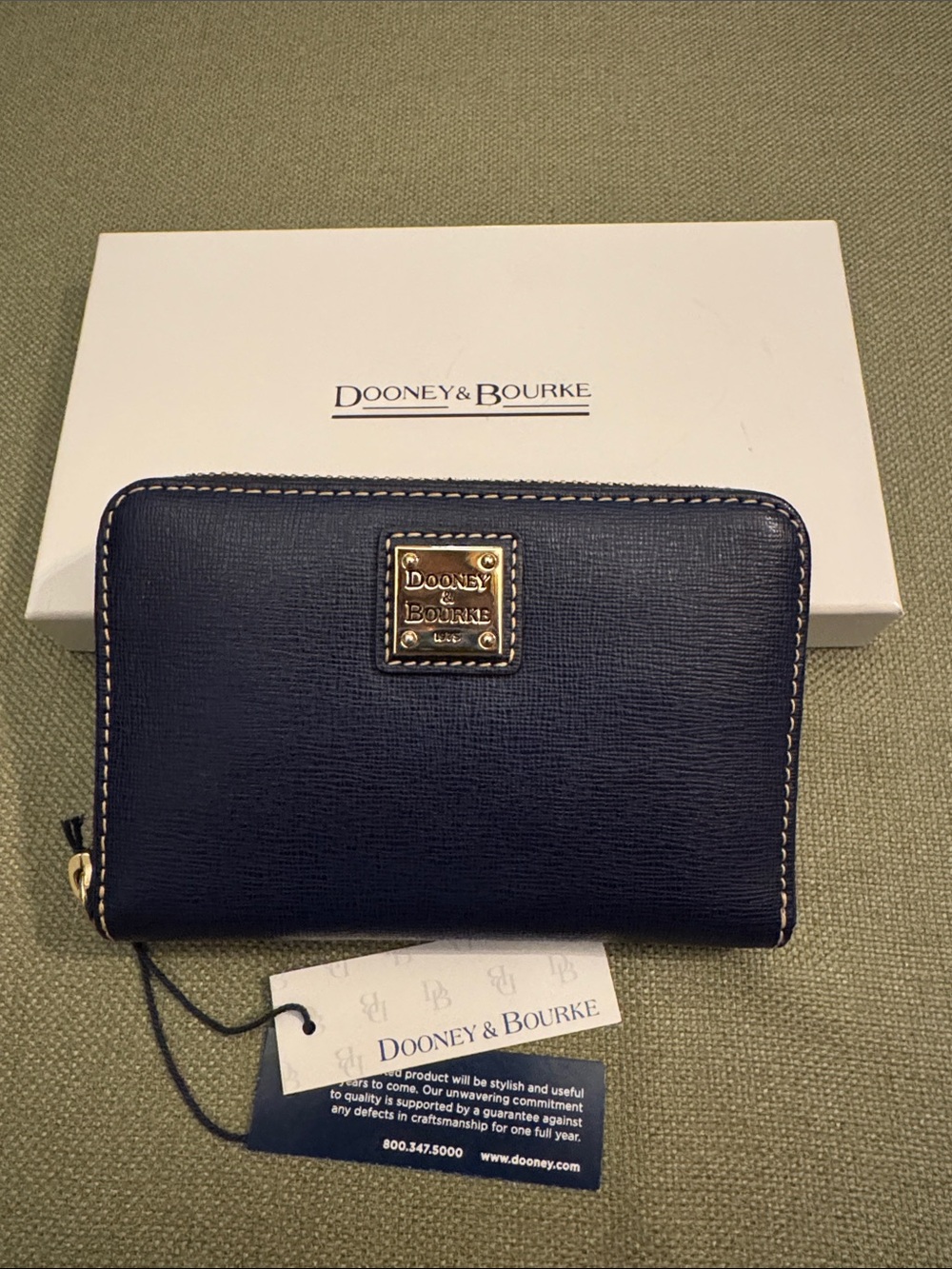 Dooney & Bourke Navy Saffiano Zip Wallet with Gold Logo Plaque NWT